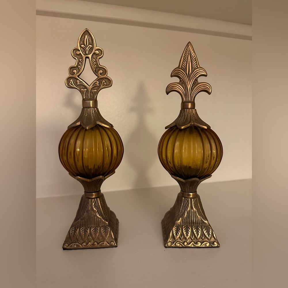 Two Beautiful amber glass and brass decorative pieces to adorn your decor.